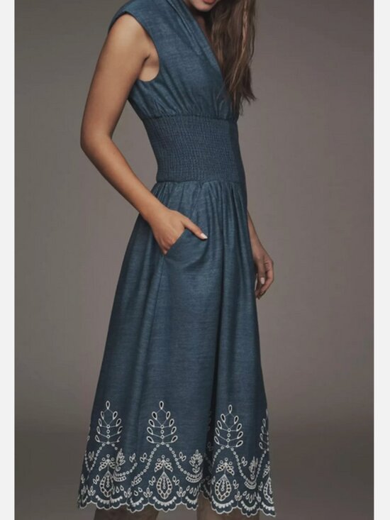 Anthropologie The Tommie Denim Chambray Zip Front Eyelet Trim Dress Blue L NWT - Picture 7 of 8